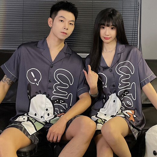 Paar Pyjamas Ladies Sommer kurzärärmig Nachthemd Ice Seide Dünne Comic Männer plus Fett Plus-Größe Home Cloding Set Ice Seide-13076-13077 M Frauen (High 160 Innen-Gewicht 80-100 Jin [Jin gleich 0,5 kg]))