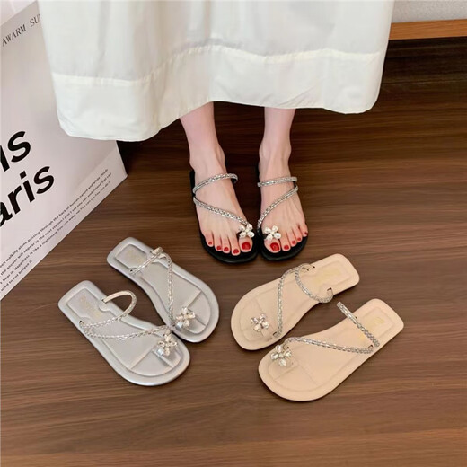 
ZUYLFYP shoes flat-soled French fairy shoes 2024 new summer soft sole with skirt toe rhinestone slippers summer 6626 diamond belt - black 40-41 suitable for feet of 39-40