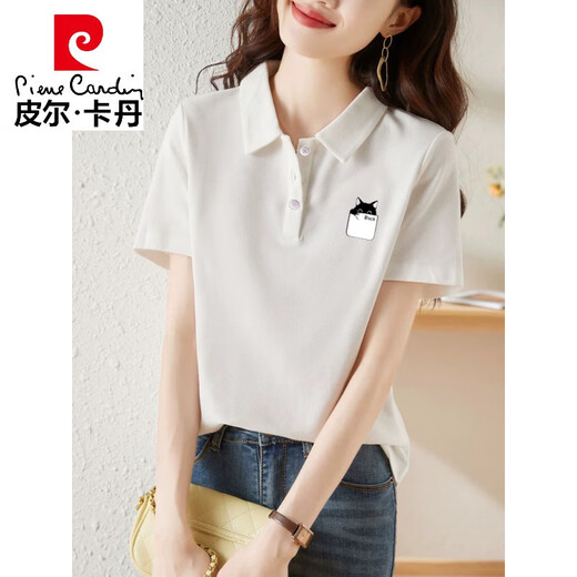 Pierre Cardin 2025 Neues Baumwollpolo-Kurzärmel-T-Shirt für Frauen in der Sommernische Lose, vielseitig gedrucktes Revers-T-Shirt Top 1476 Weiß [normales Polo-Shirt] (schwarzer Druck S 80-100jin [Jin gleich 0,5 kg]