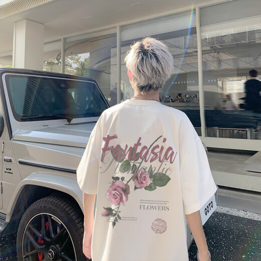 
7 high-quality American high street rose print heavy cotton short-sleeved T-shirt men's summer retro trendy brand T-shirt top MSLWP-C829 white XL