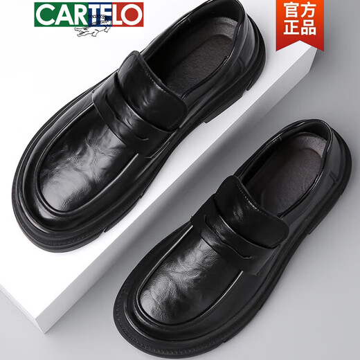 卡帝乐鳄鱼（CARTELO）无鞋带棕色男鞋春季款2025新款大头商务休闲皮鞋宗综色宽头乐福鞋 GX9923 黑色 38