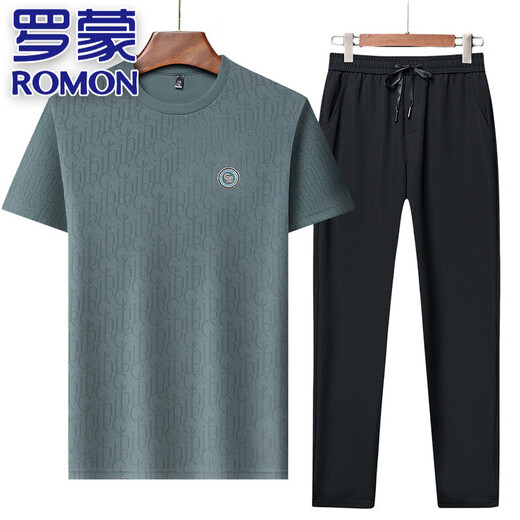 Romon High-End Ice Seide Sportanzug 2025 Sommer Neues Kurzärmel-T-Shirt Long T-Shirt, Hosen, Dads Mode und vielseitige zweiteilige Set, Hosenset, 9901-Retro-Grün, XL 175 Vorschläge 135-150jin [Jin gleich 0,5 kg]