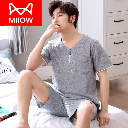 
Catman (MiiOW) brand pajamas for men in summer pure cotton short sleeve shorts thin summer men's youth cotton half sleeve large size men's 9905 lake blue M (165 size) recommended to wear weight 100-125 Jin [Jin equals 0.5 kg]
