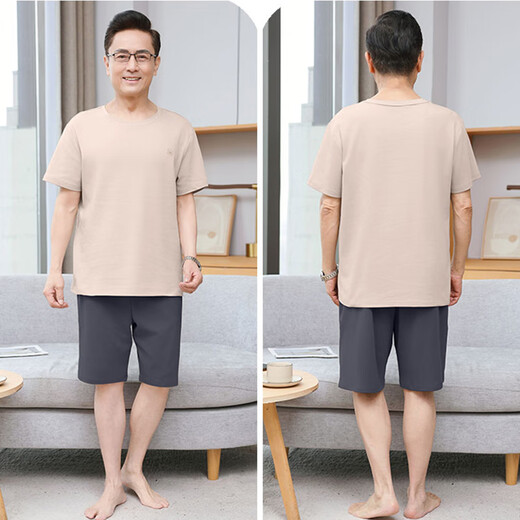 Langsha (langsha) men's pajamas summer pure cotton shorts summer thin style casual middle-aged and elderly fathers large size home clothing men's style 13603# skin color pure cotton shorts L [Suggested 100-120Jin [Jin equals 0.5 kg]]