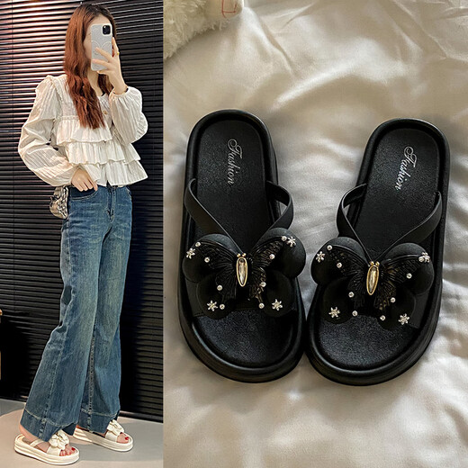 Yuebanqing (YUEBANQING) small fragrance style bow thick-soled sandals for women 2025 summer new style wear anti-slip heightened beach flip flops White-Korean version 38 -3937-38 feet