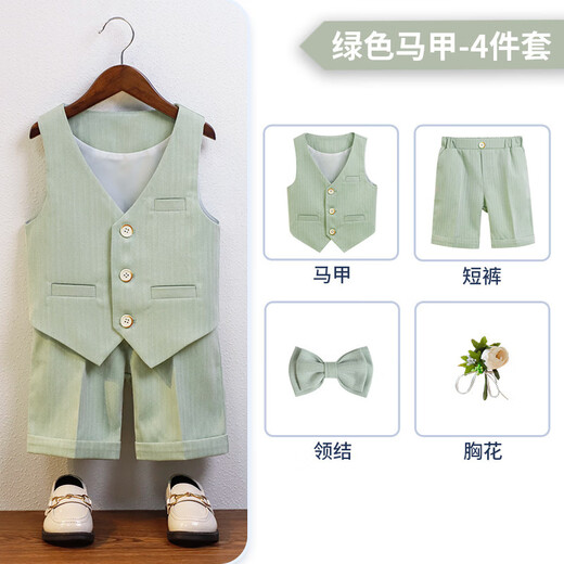 Children's Suit Dress Summer British Short-sleeved Vest Set Boys Host Speech Piano Show Show Clothes White 5-piece Set (Black Shirt + Vest + Shorts + 90 cm, Recommended Weight 20-26 Jin [Jin equals 0.5 kg]