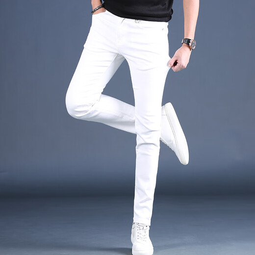 Kejiehao's new spring 2025 high-end white men's jeans slim feet elastic casual pants men's trend MK1381 white 28