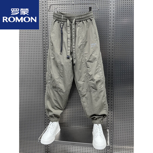 罗蒙（ROMON）夏季薄款九分拼接休闲裤青少年宽松束脚哈伦裤男士潮牌速干运动裤 卡其绿 32 (180) 140-150斤