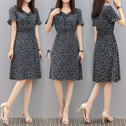 FHHUABD23 Sommer neues Chiffon Blumenkleid mit Temperament Taille und fettem Kleid 1105# L 105-115Jin [Jin ist 0,5 kg]