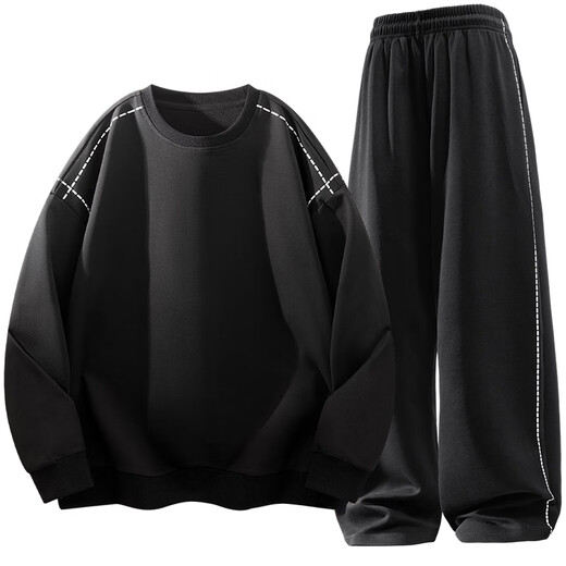 Woodpecker informal Sports Set Men's Spring y Autumn New Fashion Brand All-Match Lo suelto y sexy de manga larga Set de dos piezas Aptz9898 Black L