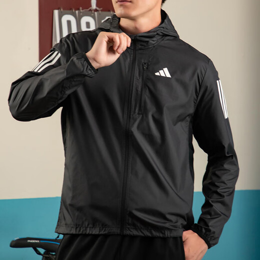 Adidas jacket men's 2025 summer new sportswear running fitness training woven hooded jacket casual top IN1483 black M
