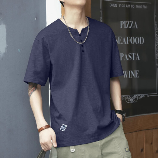 JEEP SPIRIT genuine Jeep high-end short-sleeved men's Japanese retro T-shirt for men Henry neck bamboo joint cotton summer versatile top for men BN307 royal blue T-shirt XL code suitable for 145-160Jin [Jin equals 0.5 kg]