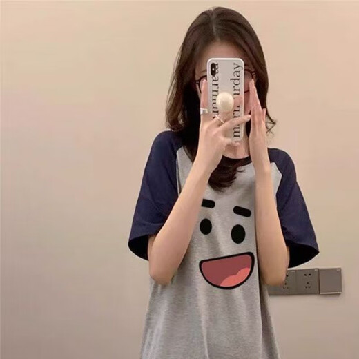 COLORFUL GEMS夏季女童宽松显瘦睡裙短袖过膝韩版长款家居服广州十三行 KE-1105#灰色表情包裙 均码