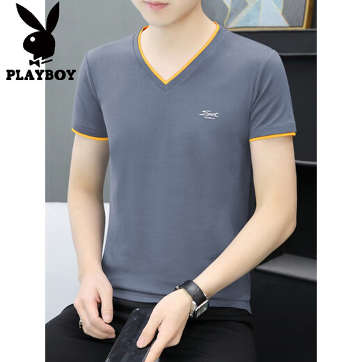 花花公子（PLAYBOY）莫代尔棉男士短袖t恤2025夏季V领刺绣冰丝冰感半袖体恤上衣服男潮 Q691白色 M 建议：95-115斤