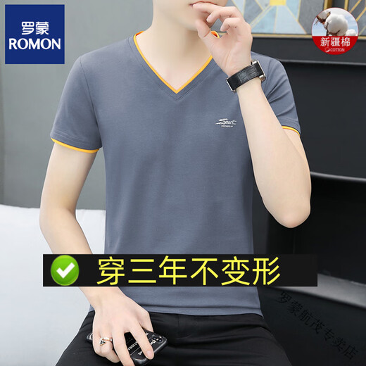 Romon (Romon) 80 Pure Cotton V-образный вырезок мужская футболка с короткими рукавами летняя модная марка универсальная слабая шелковая шелковая футболка для футболки, модные мужчины 80, жидкие хлопковые черные Qy691 M 100-115Jin [Jin равняется 0,5 кг]