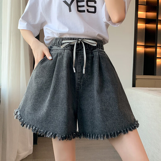 单南卫a字高腰牛仔短裤女夏季宽松阔腿显瘦短裤学生加大码女装200斤胖mm 【3888：深蓝色 a字短裤】 M 【 建议100斤以下】