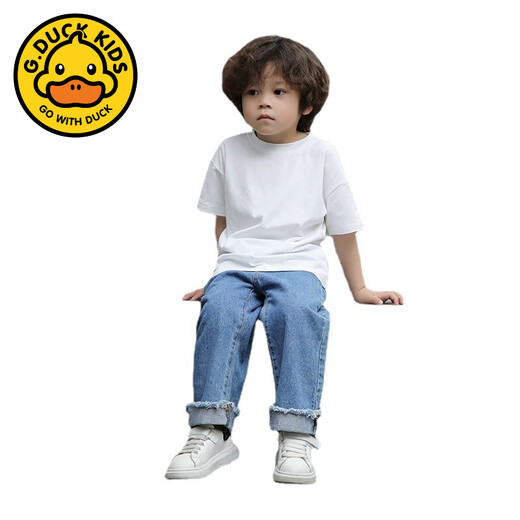 G.duck little yellow duck parent-child T-shirt boys and girls pure cotton bottoming shirt family portrait beach parent-child wear summer short-sleeved mother-child white 130 children's T-shirt