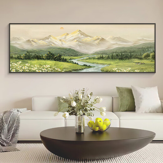壁画装饰画客厅高级免打孔山水日照金山横幅山水风景油画沙发背景 E-背有靠山 12040cm*180cm 2适合1.5-沙发