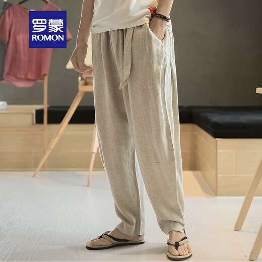 罗蒙（ROMON）春秋中国风亚麻裤男薄款宽松休闲裤哈伦裤九分裤棉麻灯笼裤子男士 米白色【腰带款】 M 【参考体重100-120斤】