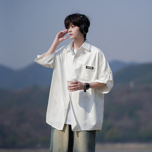 Nimmig japanisches kurzärärmiges Hemd Herren 25 Sommer Neues trendy Retro cooles atmungsaktives Hemd Großgröße Lose Casual Jacket White 2xl (150-170jin [Jin ist gleich 0,5 kg])