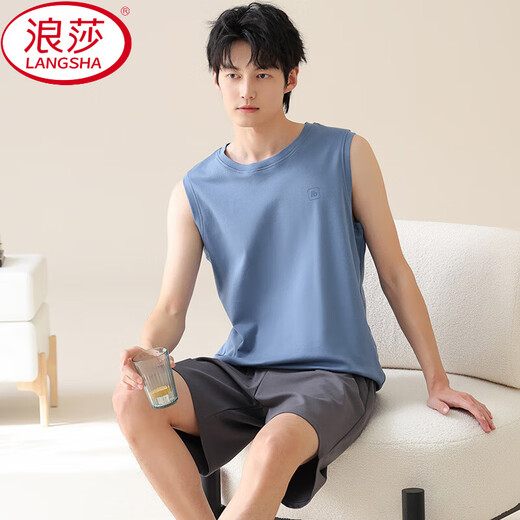 浪莎（LangSha）春夏季纯棉睡衣男士无袖背心短裤春秋天薄款宽松透气休闲家居服套 YDY-13652 XL 建议体重120-140斤