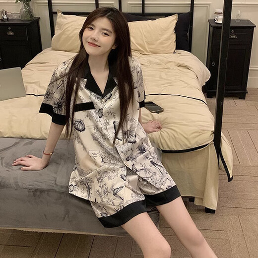 单南卫韩系感冰丝春夏季薄款睡衣女爱心开衫可外穿家居服女套装批发 LW-9214# M 【建议80-100斤】