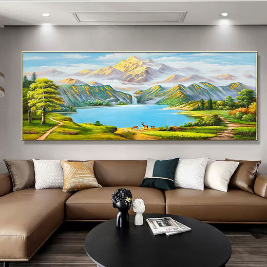 霜魄青山绿水沙发背景墙壁书房办公室挂画背靠金山客厅装饰画盆中式墙 12596日出青山 1cm*1厘米 120*50金色铝框+晶瓷镶钻