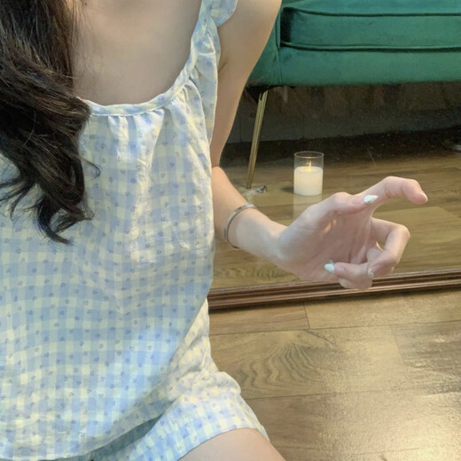 芳嫔初中女生睡衣夏季韩系格子碎花款甜美舒适吊带学生家居套装 6198-吊带蓝格碎花 M