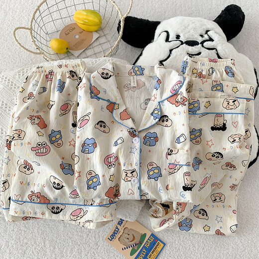 Ziweiqi lindo crayón pijama de algodón shin-yun para mujeres cardigan de verano dibujos animados de ropa para el hogar