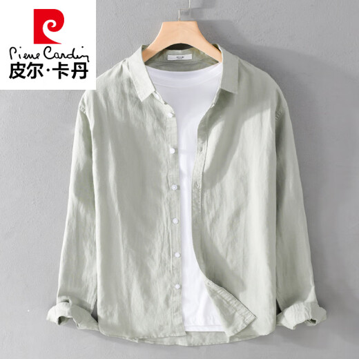 皮尔卡丹（pierre cardin）高档男士亚麻长袖衬衫日系宽松休闲衣服春秋季棉麻衬衣外套上衣服 9207军绿 M 95斤左右