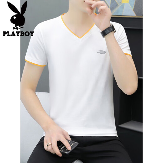 花花公子（PLAYBOY）莫代尔棉男士短袖t恤2025夏季V领刺绣冰丝冰感半袖体恤上衣服男潮 Q691白色 M 建议：95-115斤