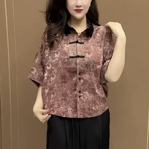 瓷袖广东普宁衬衫女2025新款中老年洋气中国风印花polo领中年妈妈夏季 绿色-6636 L 建议95-105斤