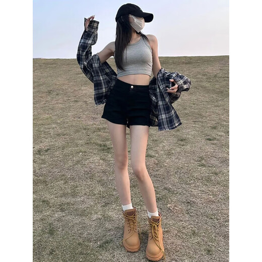 Yuyaman denim shorts women's outer wear summer shorts black high-waisted hot pants A-line shorts exposed buttocks tight hot girl sexy denim shorts M black