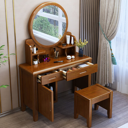 Chinese style solid wood dresser master bedroom high-end home wedding room walnut color bedroom dresser solid wood dresser cabinet 509 dresser gift stool