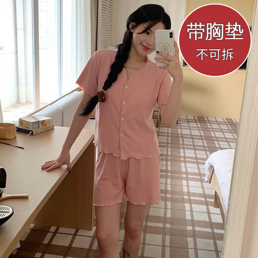 S. SOFEA Sommer kurzärmelig Jacquard Pyjamas weiblicher Prinzessinstil Dünne zweiteiler Set Doppelkurzer Set DW683 Blaue Blume (mit Brustpolster) 170 m (80-100jin [Jin ist gleich 0,5 kg])