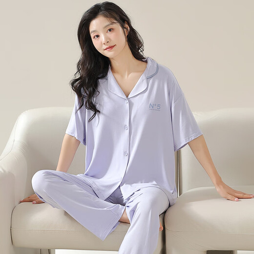 含蕊睡衣女夏季莫代尔薄款短袖长裤大码凉感冰丝男家居服套装 N12111女12311男 170 女款M