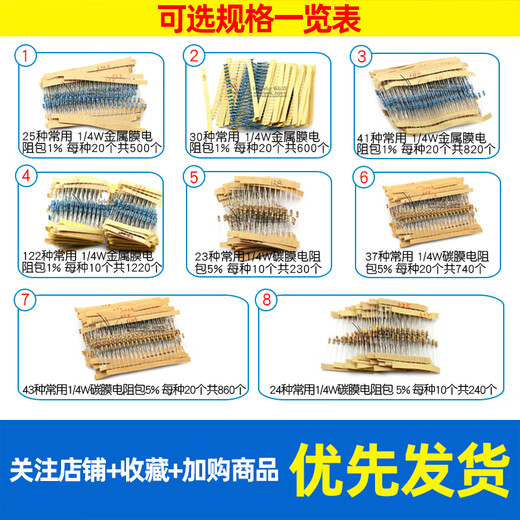 Dafuri 1/4W metal film resistor packaged with carbon film 41 mixed 30/37/43 types of electronic components commonly used 1% color ring 25 types of commonly used 1/4W resistors packaged 1% each 20 pcs, a total of 500 pcs