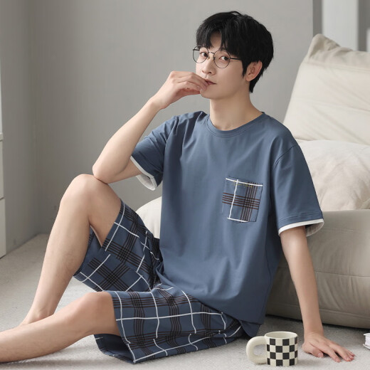 莫代尔纯棉睡衣男士夏季短袖青少年薄款全棉夏天大码宽松家居服套装 D1990(A679) M (建议80-115斤)