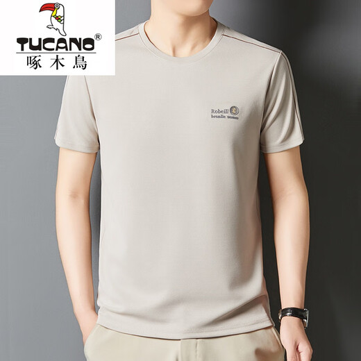 Woodpecker summer ice silk short-sleeved T-shirt for men's thin quick-drying middle-aged round neck loose summer solid color T-shirt 723-1m camel 2XL