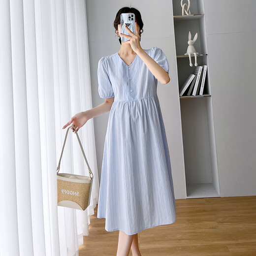 
Jingqi (JOYNCLEON) maternity dress summer 2025 new style female temperament summer breastfeeding skirt loose maternity summer long skirt light blue [buttons can breastfeed] Jly22130 L
