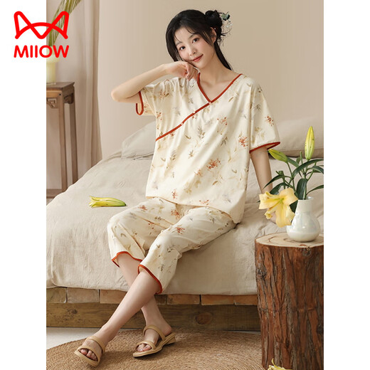 Catman (Miiow) Pyjamas à manches courtes d'été Set Cotton Ladies Mur Été Nouveau pantalon recadré de style chinois peut être porté à l'extérieur des vêtements à domicile LZY9902 M (recommandé 75-95jin [Jin est égal à 0,5 kg]))