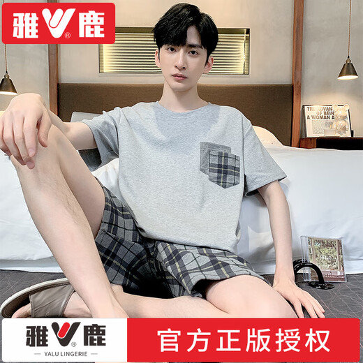 雅鹿男士睡衣夏季短袖短裤棉质青少年简约男夏背心大码中年家居服套装 品牌9922 L 男士(适合95-120斤)