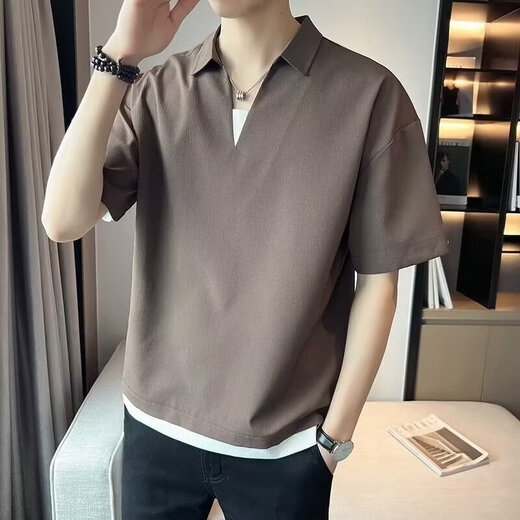 RONGXITU summer two-piece short-sleeved T-shirt men's Korean style trendy casual top 629-682 brown L