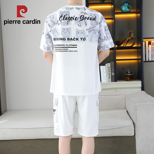 Pierre cardin 2025 summer new short-sleeved suit men's teenagers versatile shorts casual sports two-piece set gradient color men's clothing 6187 blue L