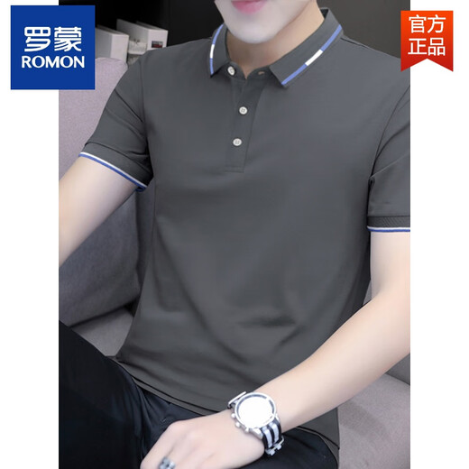 罗蒙（ROMON）翻领碳灰色夏季时尚潮流pol.o衫男装纯棉短袖t恤工作服打底衫 碳灰色S5012款 刺绣翻领 M 85-110斤