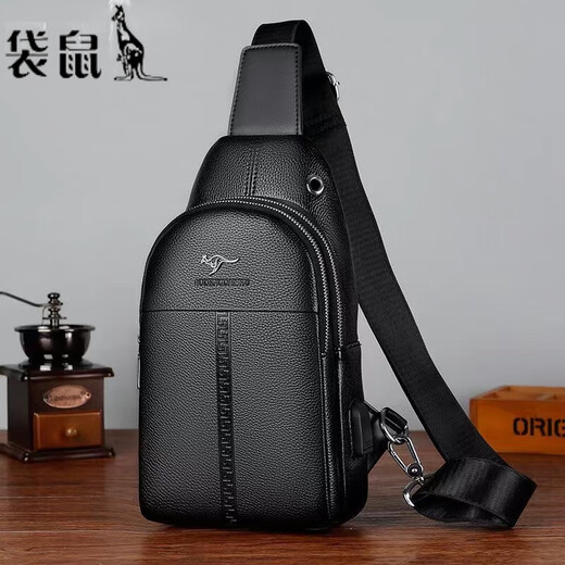 袋鼠真皮质感男士胸包运动斜挎包男包夏季小包男包背包休闲大容量腰包 黑色7029[升级新款]