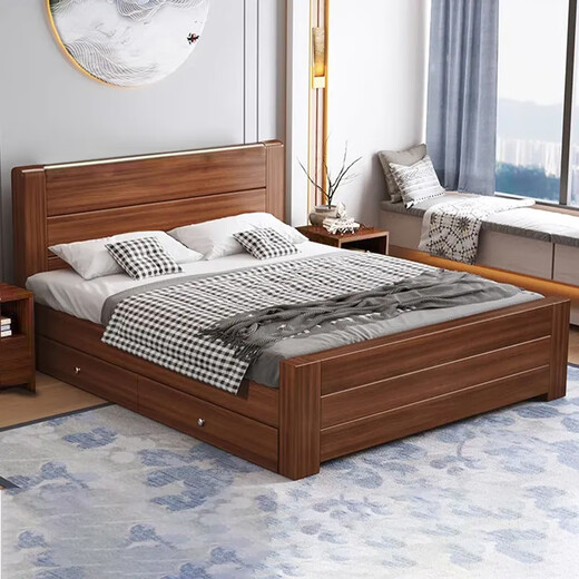 Hualade new Chinese style solid wood bed 1.5m thickened simple economical double bed 1.8m home rental room 1.2m single bed walnut color solid wood bed 1500mm*2000mm