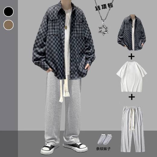 Rongxitu Khaki Jacke Checkerboard Shirt Herren hübsches fünfteilige Set-Feder- und Herbst-neue Style-Karte 684+Weiße Kurzärmel+graue große Seilhosen+Halskette+Socken M Qualität höher als Peers