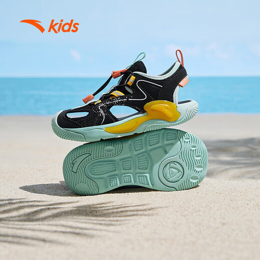 ANTA children's sandals boys autumn breathable outdoor non-slip wear-resistant toe-toe beach shoes D black/ice water green/gum yellow 28