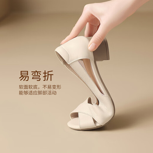 ZHR first-layer cowhide single shoes for women, elegant fish mouth thick heel sandals, one-foot commuting shoes, women's KM53 black 38